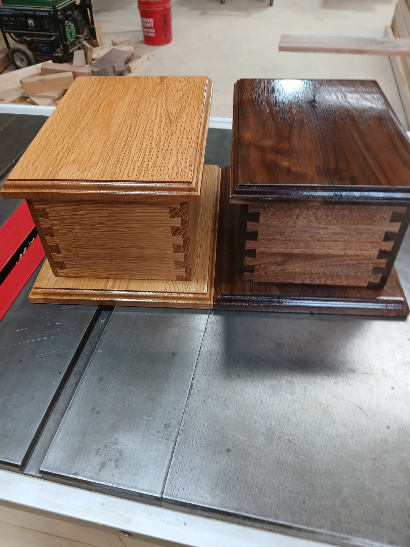 White oak and black walnut keepsake boxes side by side