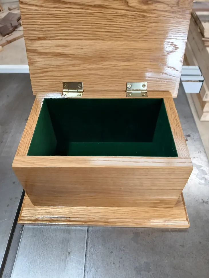 Open white oak keepsake box with velvet lining