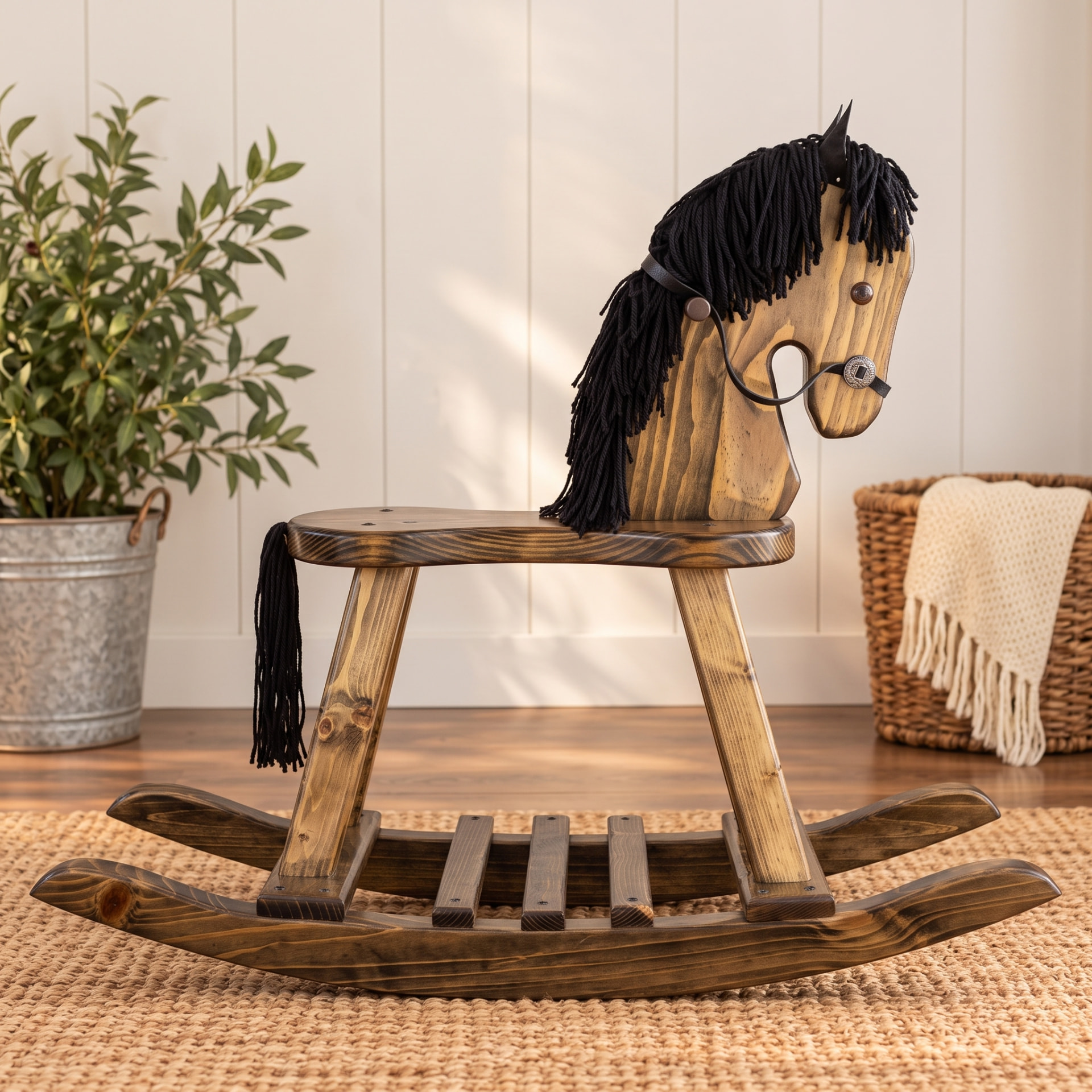 Wooden rocking horse with black yarn mane and tail on a woven rug